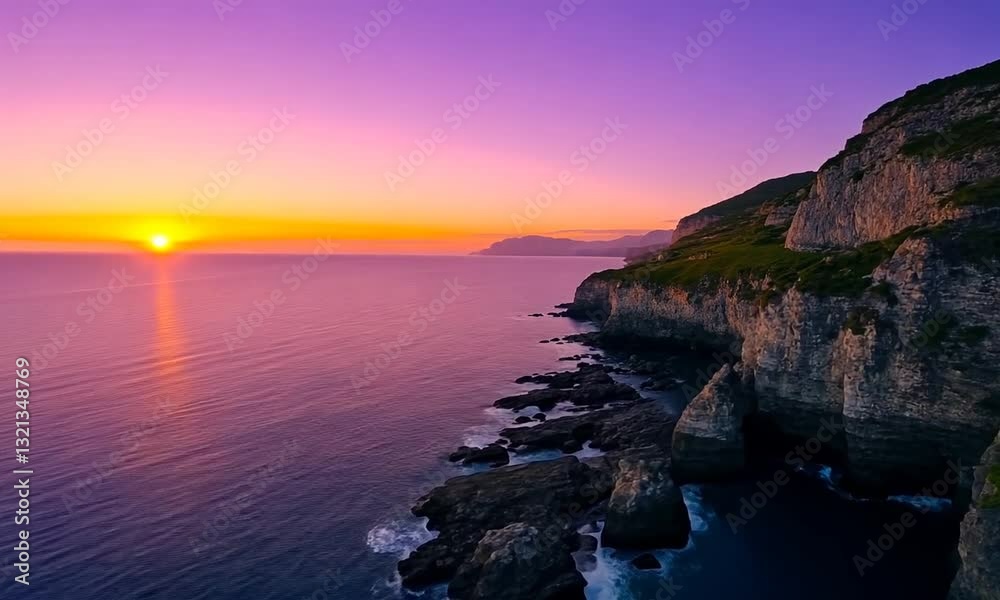 Breathtaking sunset over rugged coastal cliffs with vibrant colors reflecting on calm waters Breathtaking sunset over rugged coastal cliffs with vibrant colors reflecting on calm waters