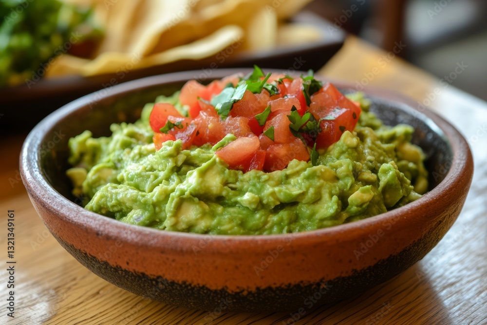 Guacamole with vegetables in a plate on a table in a cafe
Guacamole with vegetables in a plate on a table in a cafe