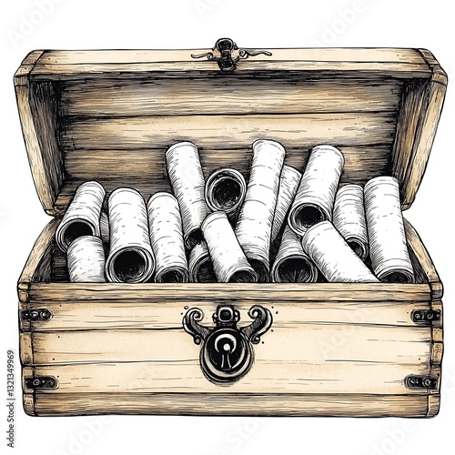 Antique Wooden Chest Filled with Ancient Scrolls
