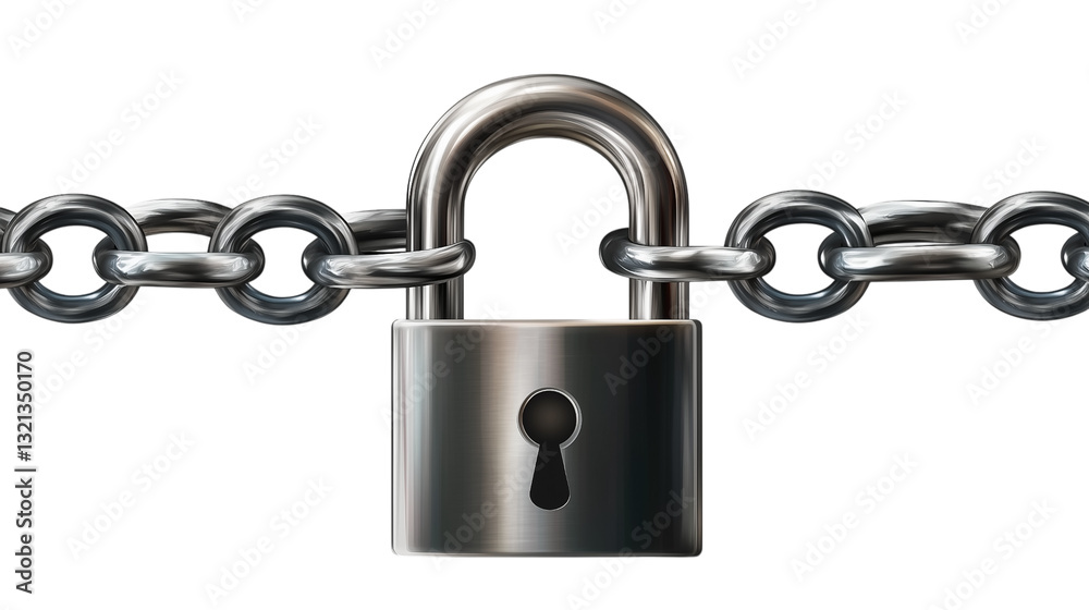 Shiny silver padlock with metal chain isolated on transparent background Shiny silver padlock with metal chain isolated on transparent background