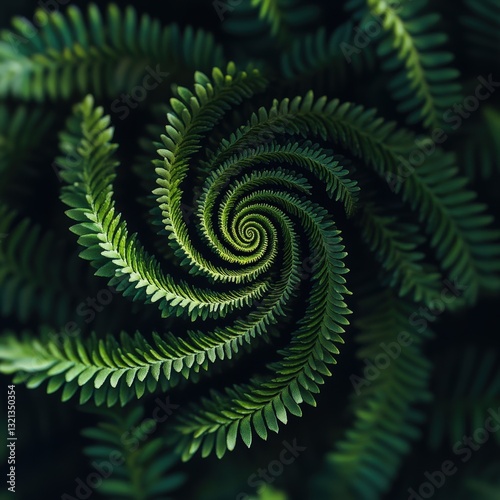 Spiral fern leaves, nature pattern, dark background, botanical design