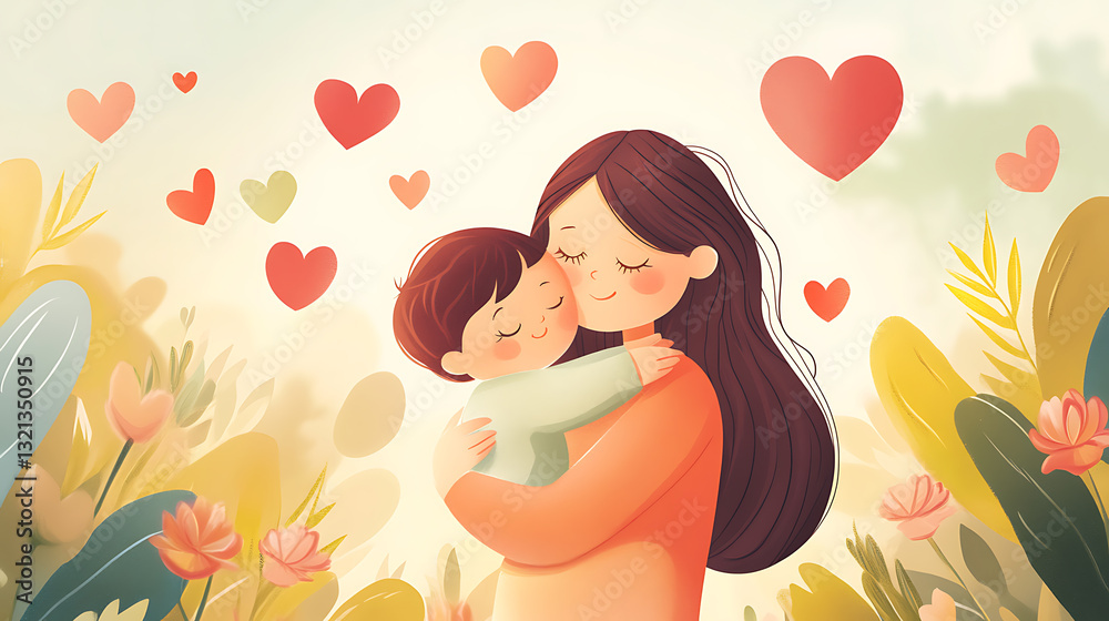 Illustration of mother hugging her child, showcasing immense love and joy between them, captured in heartwarming scene Illustration of mother hugging her child, showcasing immense love and joy between them, captured in heartwarming scene