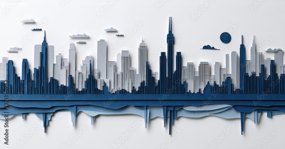 Obraz premium Paper cutout of waveform forming city skyline deep navy and muted silver symbolizing urban podcast culture