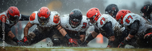 Muddy offensive line battling in trenches during rainy game, football photo