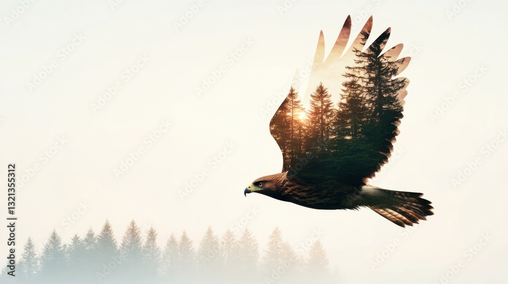 Fototapeta premium International Day of Forests. Majestic Brown Eagle Soaring Over Misty Forest at Sunrise