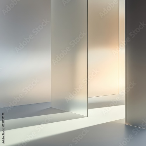 Sunlight illuminates frosted glass panels in a minimalist room; backdrop for product display