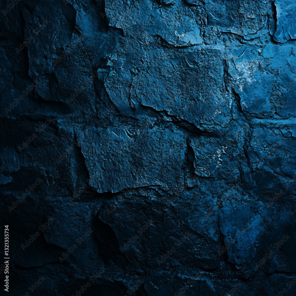 Fototapeta premium A dark blue textured brick wall with rough uneven stone patterns illuminated by subtle lighting emphasizing depth and ruggedness 