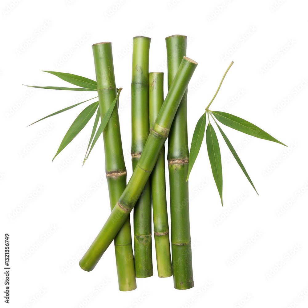 Fototapeta premium Fresh green bamboo stalks, vibrant natural foliage, ideal for themes of tranquility and sustainability, perfect for designs. Isolated on white background or PNG