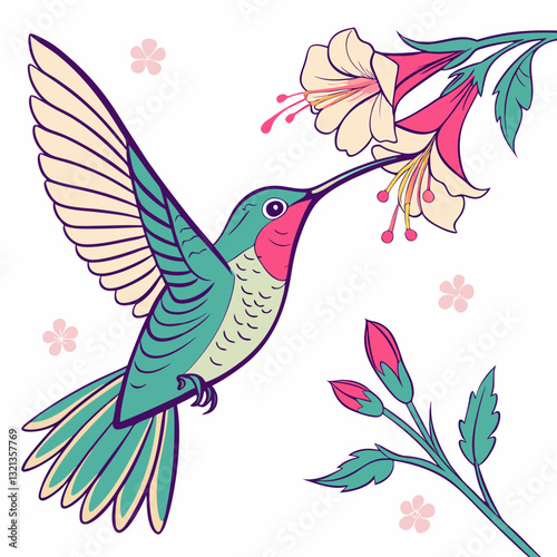 Vector illustration of a bird with flowers on a branch