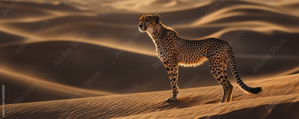 Obraz premium A Cheetah Standing Alertly on Sandy Desert Dunes in Sunlight