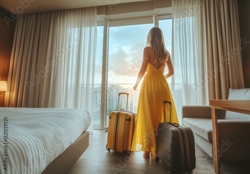 A woman in a yellow dress with luggage is entering a luxury hotel room, with a sunset view through the window, conveying a vacation concept.