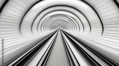 Fototapeta Naklejka Na Ścianę i Meble -  Abstract grayscale image of a futuristic tunnel with repeating geometric patterns, leading to a vanishing point. The tunnel features a central walkway and curved walls with dotted and lined textures.
