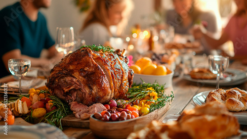 A beautifully set Easter dinner table with a roasted lamb, fresh bread, and colorful side dishes, family members laughing and sharing food, warm golden lighting, photorealistic depth of field