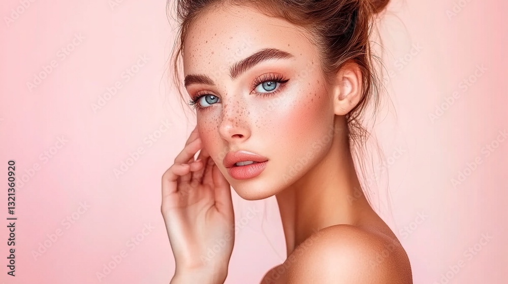 Fototapeta premium A woman with blue eyes and light brown hair is wearing makeup