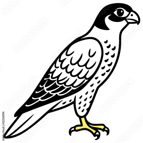 A black bird of prey silhouette, a wild avian vector illustration with white feathers, rests isolated on a brown branch