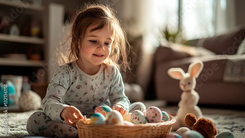 A cozy family Easter morning, children in pajamas excitedly opening Easter baskets filled with chocolate eggs and stuffed bunnies, soft natural light, warm and nostalgic, candid photography, ultra-rea