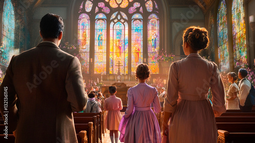 A family dressed in elegant pastel outfits walking into a historic church on Easter Sunday, the morning sun reflecting off stained glass windows, reverent atmosphere, ultra-realistic
