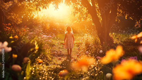 A cozy Easter morning, children excitedly searching for hidden eggs in a dewy garden, golden sunrise, warm and nostalgic, cinematic shot