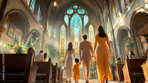 A family dressed in elegant pastel outfits walking into a historic church on Easter Sunday, the morning sun reflecting off stained glass windows, reverent atmosphere, ultra-realistic