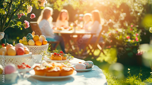 A family sitting in a sunlit garden, enjoying an outdoor Easter brunch, plates of fresh fruit, pastries, and painted eggs on the table, natural and joyful atmosphere, photorealistic