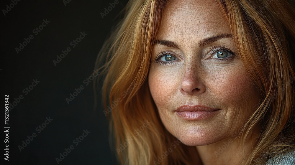 A woman with a red head and brown hair is looking at the camera A woman with a red head and brown hair is looking at the camera