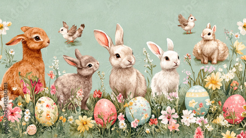 A highly detailed seamless pattern of aged parchment paper with vintage Easter illustrations, delicate ink drawings of rabbits and eggs, rich historical textures