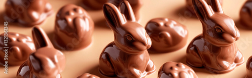 A high-definition seamless pattern featuring realistic chocolate Easter bunnies, shiny milk chocolate texture, slight imperfections, soft shadows, hyper-detailed food photography
