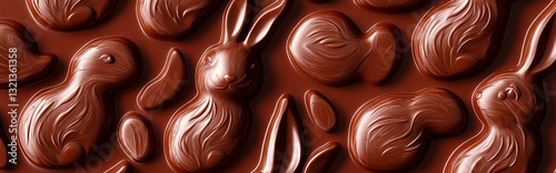 A high-definition seamless pattern featuring realistic chocolate Easter bunnies, shiny milk chocolate texture, slight imperfections, soft shadows, hyper-detailed food photography