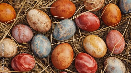 A high-definition seamless pattern of naturally dyed Easter eggs nestled in straw, soft earthy tones, organic textures, photorealistic lighting