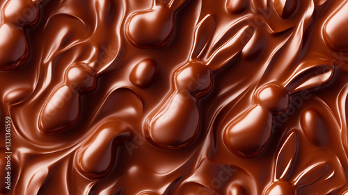 A high-definition seamless pattern featuring realistic chocolate Easter bunnies, shiny milk chocolate texture, slight imperfections, soft shadows, hyper-detailed food photography