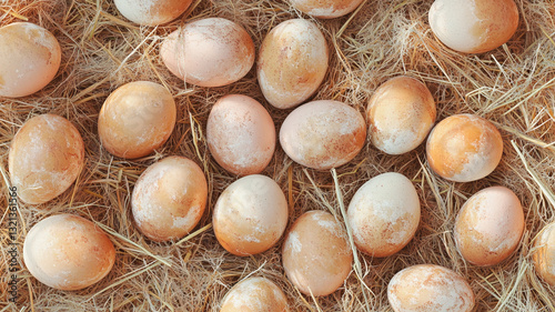 A high-definition seamless pattern of naturally dyed Easter eggs nestled in straw, soft earthy tones, organic textures, photorealistic lighting
