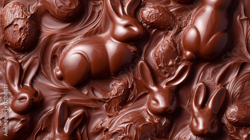 A high-definition seamless pattern featuring realistic chocolate Easter bunnies, shiny milk chocolate texture, slight imperfections, soft shadows, hyper-detailed food photography