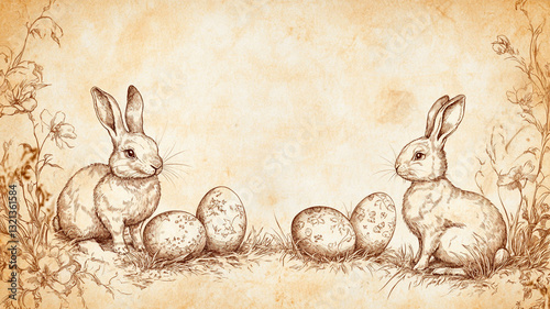A highly detailed seamless pattern of aged parchment paper with vintage Easter illustrations, delicate ink drawings of rabbits and eggs, rich historical textures