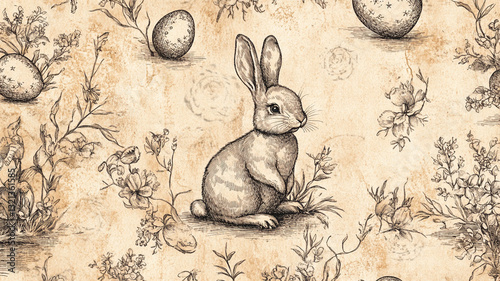A highly detailed seamless pattern of aged parchment paper with vintage Easter illustrations, delicate ink drawings of rabbits and eggs, rich historical textures