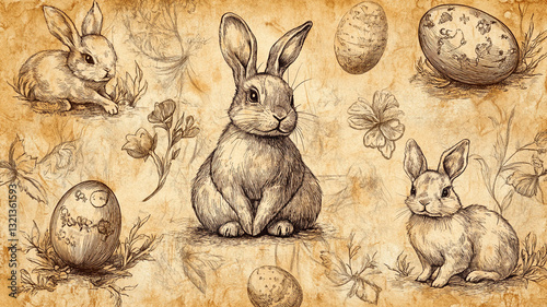 A highly detailed seamless pattern of aged parchment paper with vintage Easter illustrations, delicate ink drawings of rabbits and eggs, rich historical textures