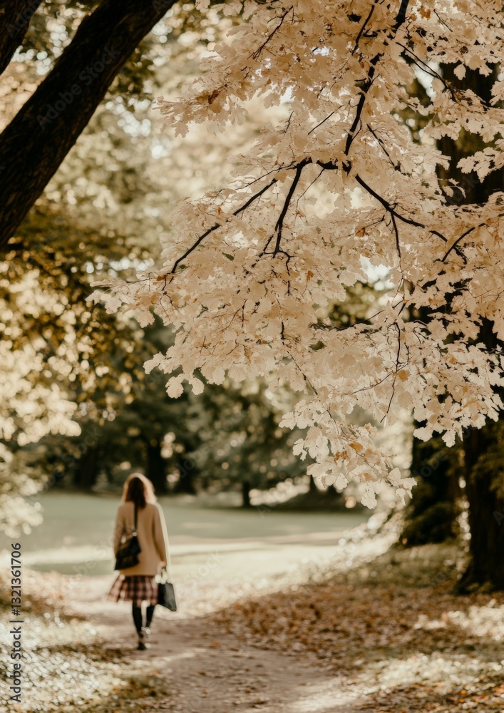 Woman walking in autumn park under golden foliage