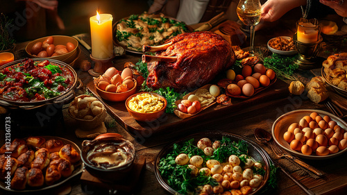 A large wooden table filled with traditional Easter dishes--roast lamb, deviled eggs, hot cross buns--family members clinking glasses in celebration, warm candlelight, ultra-realistic food photography