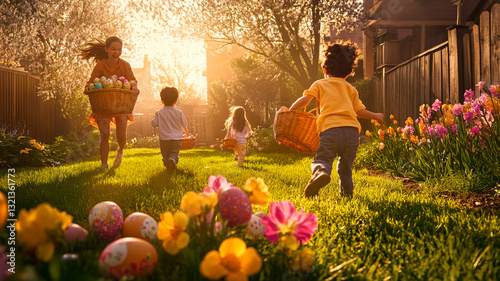 A joyful Easter egg hunt in a suburban backyard, kids running with baskets, parents watching with smiles, vibrant spring flowers in full bloom, golden sunlight, hyper-realistic photography