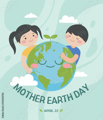 Earth Day illustration of boys and girls hugging the Earth