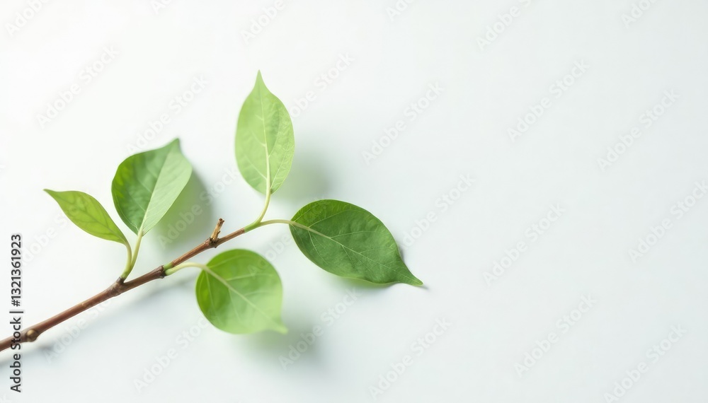 Fototapeta premium Delicate branch on white background with subtle leaves and texture, simplicity, foliage