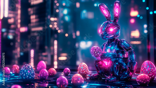A neon cyberpunk Easter bunny with robotic limbs, glowing holographic eggs scattered around a futuristic city, dark background with vibrant neon lights, sci-fi aesthetic
