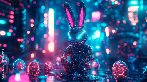 A neon cyberpunk Easter bunny with robotic limbs, glowing holographic eggs scattered around a futuristic city, dark background with vibrant neon lights, sci-fi aesthetic