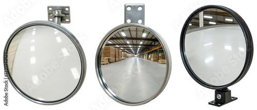 Three round convex security mirrors on a transparent background