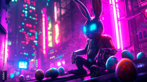 A neon cyberpunk Easter bunny with robotic limbs, glowing holographic eggs scattered around a futuristic city, dark background with vibrant neon lights, sci-fi aesthetic