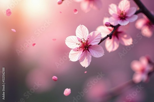 Delicate cherry blossom petals gently falling from tree branches in soft pink hue, flower, leaf, nature