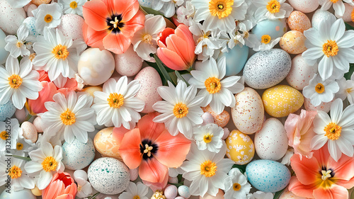 A seamless pattern of blooming spring flowers (tulips, daisies, and lilies) intertwined with colorful Easter eggs, soft natural light, ultra-realistic botanical illustration