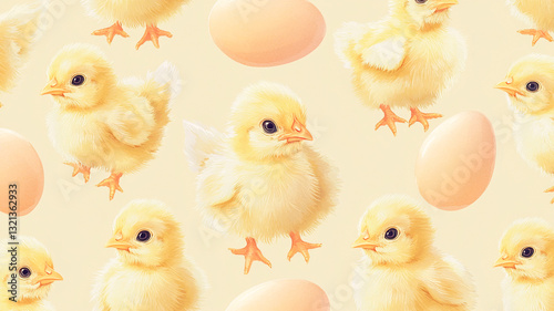 A realistic seamless pattern of fluffy baby chicks, soft yellow feathers, subtle shadows, natural lighting, gentle pastel background, perfect texture for fabric or wallpaper