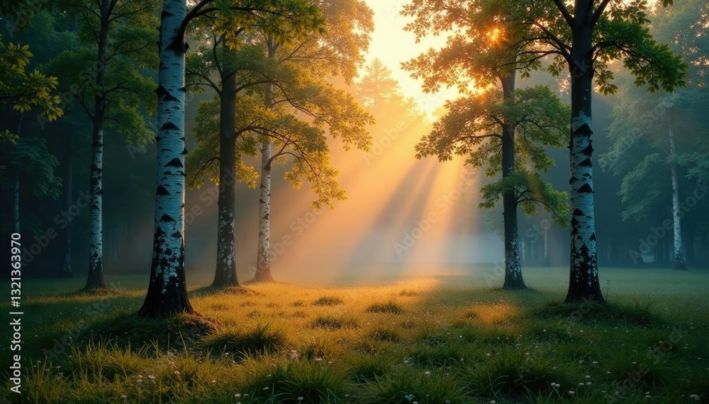 Forest at dawn with mist rising from the ground under birch trees, morning, birch tree