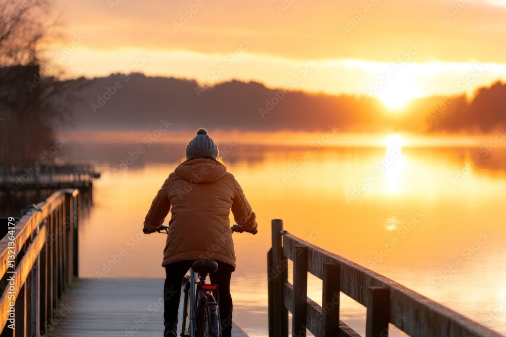 Fototapeta premium Bicyclist enjoying a peaceful sunrise ride along a wooden path by the lake in early morning