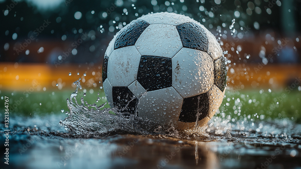 Naklejka premium Moment of Impact: Soccer Ball in Mid-Kick with Water Droplets, Embodying Dynamic Energy and Fluid Motion